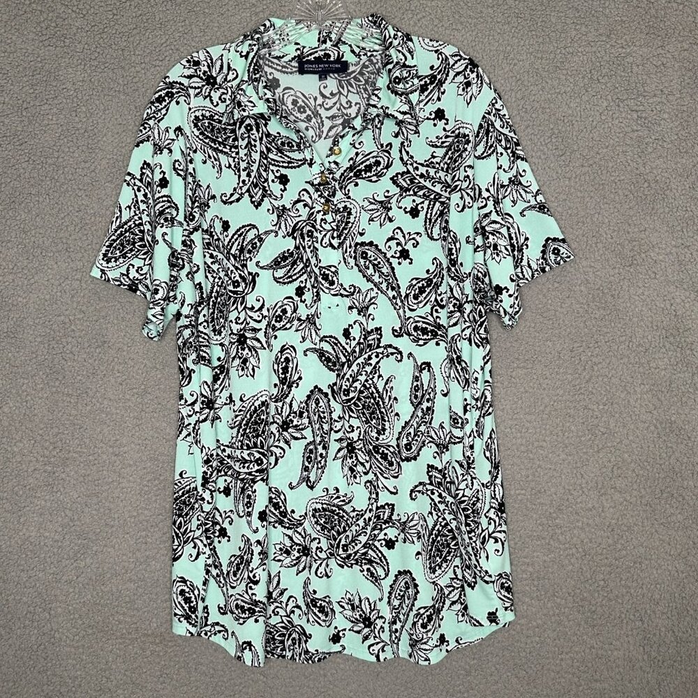 Jones New York Womens 3X‎ Top Mint Paisley Liquid Knit Tunic Stretch Chic Y2K
